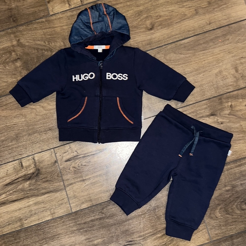 Hugo Boss Baby 6M Sweatsuit Outfit Zip Up Hoodie Joggers Blue Navy Orange Match